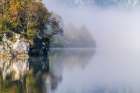 Slovenia, Lake Bohinj. Foggy morning on lake. Art Print